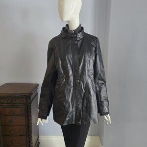 Danier Black leather Coat - Stand Collar Mid-Lenght Jacket